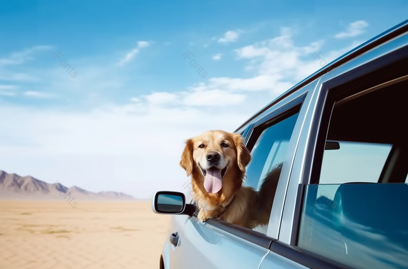 自然景色汽车车中的金毛犬探出头兜风沙漠旅行,高清,摄影图,摄影图片,图片大全,摄影图免费下载